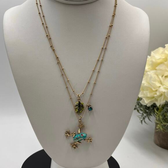 Betsey Johnson Teal & Gold
Frog Pendant Necklace Two-Row Necklace goldtone tree - Picture 3 of 11